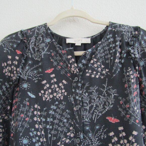 Loft Tunic Dress XS Petite Gray Floral Romantic Boho Casual Fall - Picture 2 of 11